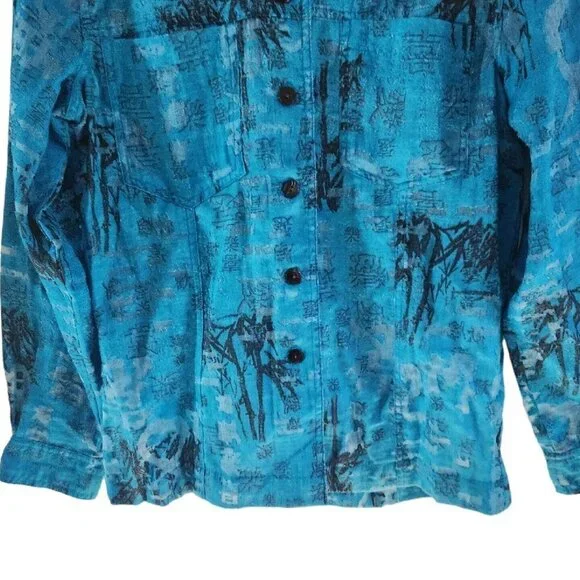 Chicos Rayon Blend Blue Teal Semi Sheer Asian Print Inspired Button Front Top 0 - Picture 3 of 5